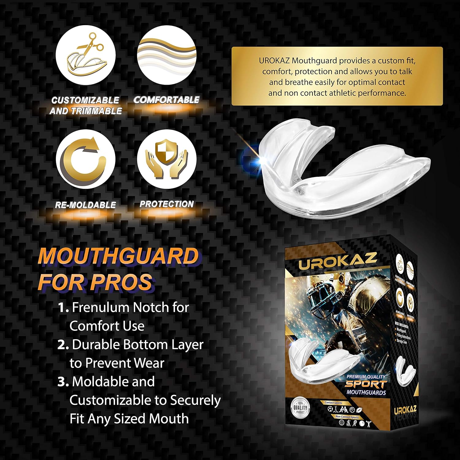 UROKAZ Football Mouth Guard Sports 3 Pieces Mouthguard and Mouthpiece for Boxing, MMA, Basketball, Lacrosse, Muay Thai, Hockey Mouthguards One Size Fit All for Contact and Non Contact Sport : Sports & Outdoors