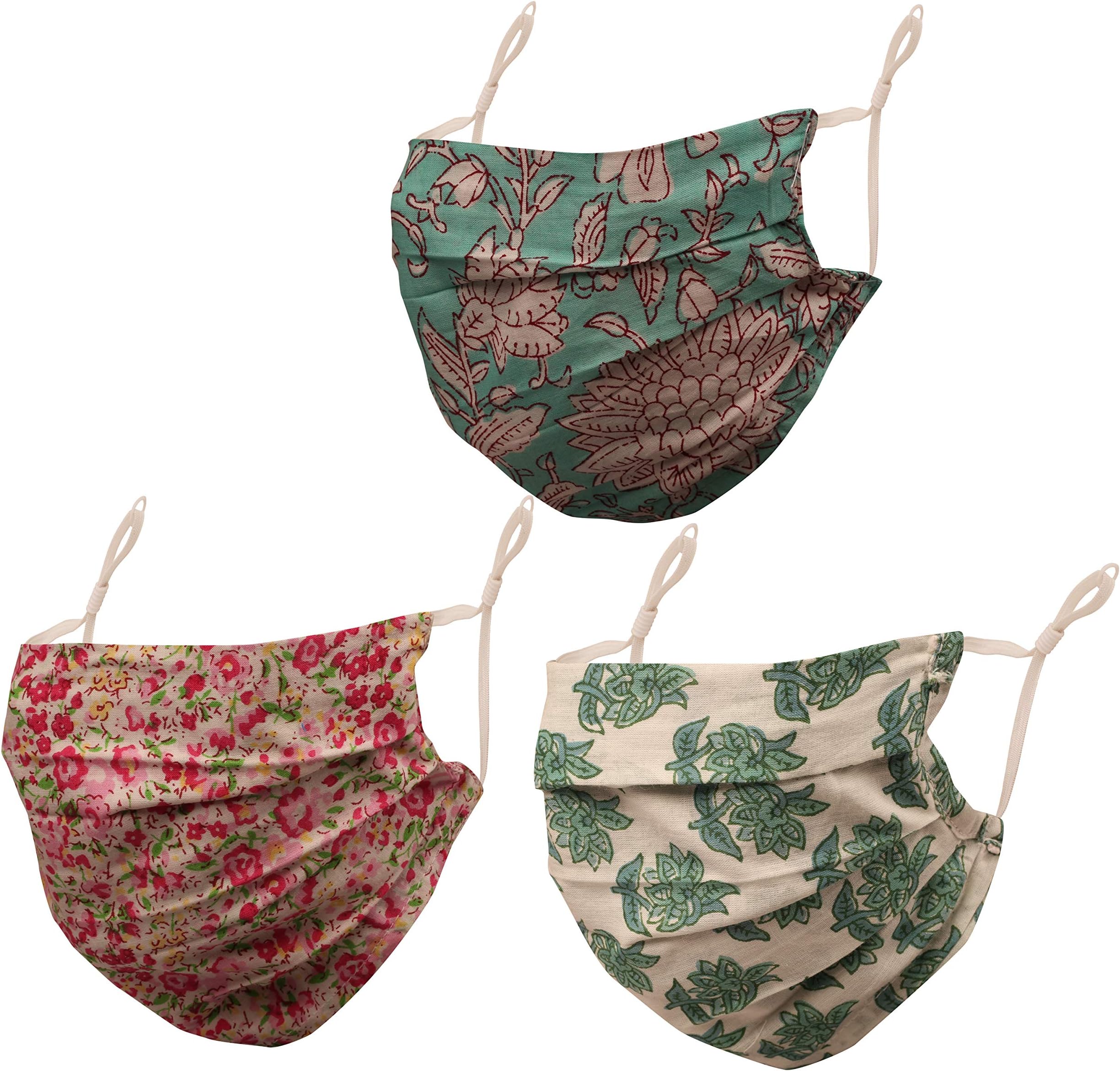 Touchstone Floral Fabric Adjustable filter pocket nose bridge double layer cotton face mask reusable washable for men, women (Pack of 3). Pink Blue Green