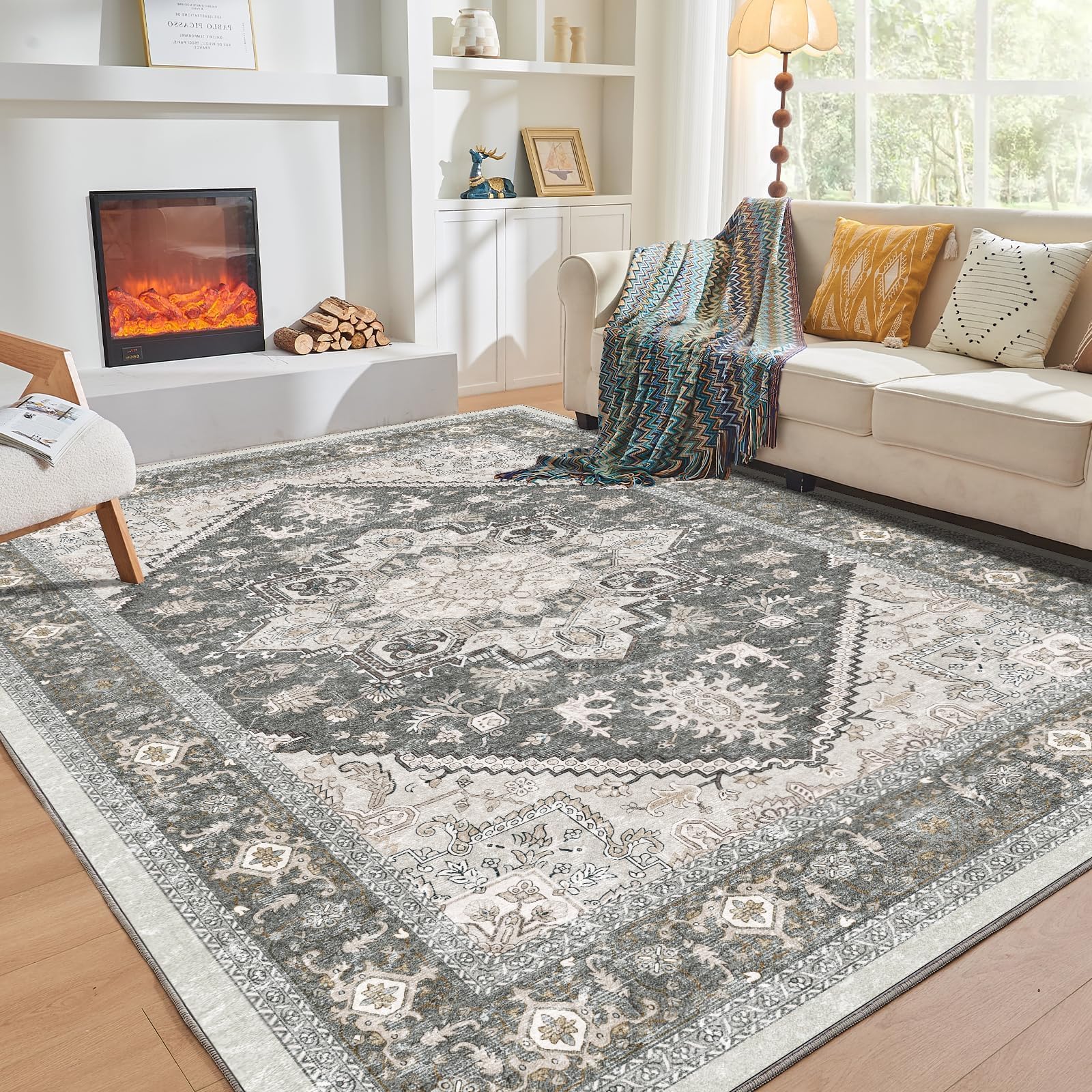 OPPODREAM Area Rugs 5x7, 5x7 Washable Rug with Non Slip Backing, 5 x 7 Faux Cashmere Low-Pile Carpet, Greenish Grey Image