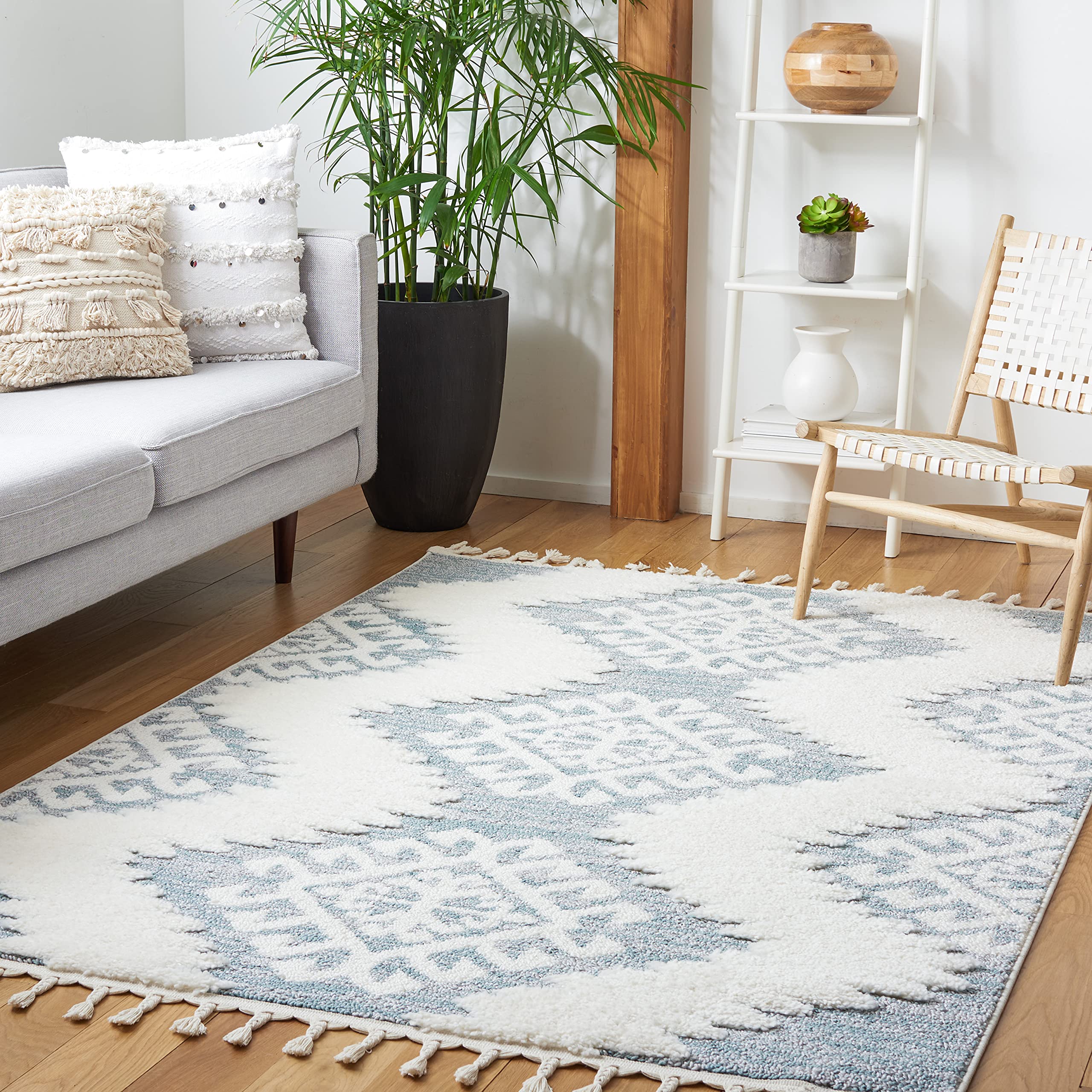 SAFAVIEH Moroccan Tassel Shag Collection Area Rug - 6'7" Square, Teal & Ivory, Rustic Trellis, Non-Shedding & Easy Care, 2-inch Thick Ideal for High Traffic Areas in Living Room, Bedroom (MTS652K) Image
