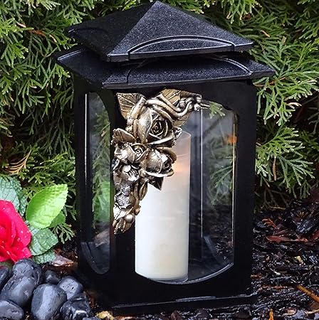 ? Grablaterne Grablampe Rose Massiv 28,0cm Schwarz Bronze incl. Grabkerze Grablicht Grabschmuck Grabdekoration Grableuchte La