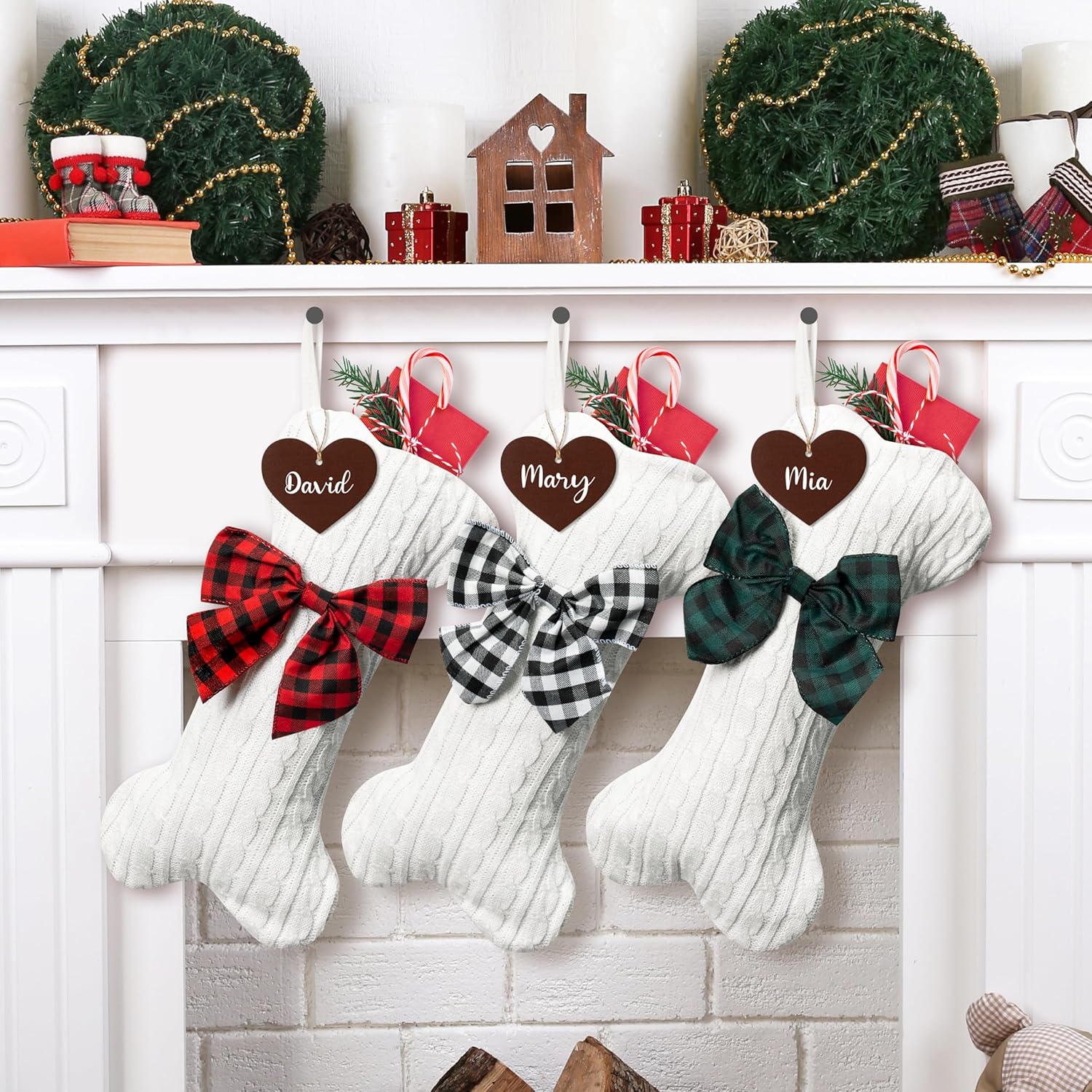 Stockings & Holders - WATINC 3 Pack Pet Dog Personalized Christmas Stockings with Wooden Name Tag, Large Bone Shape Knit Christmas Stockings for Dogs, Xmas Party Hanging Stocking with Bow for Fireplace Tree Gift Decoration