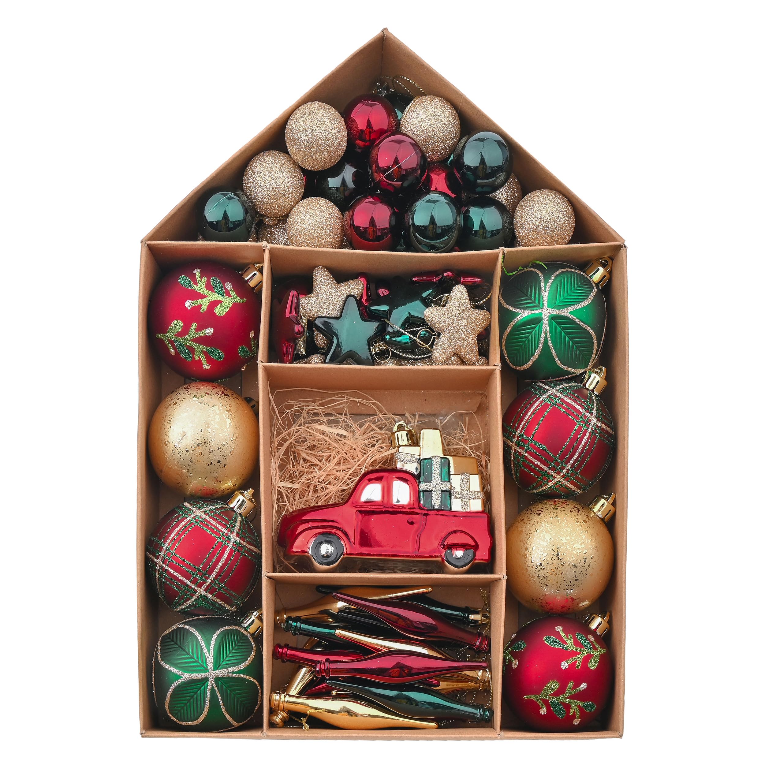 Valery Madelyn Christmas Baubles for Traditional Christmas Tree Decorations,70pcs Red Green Gold Shatterproof Ball Ornaments, Hanging Gifts, House Shape Packing