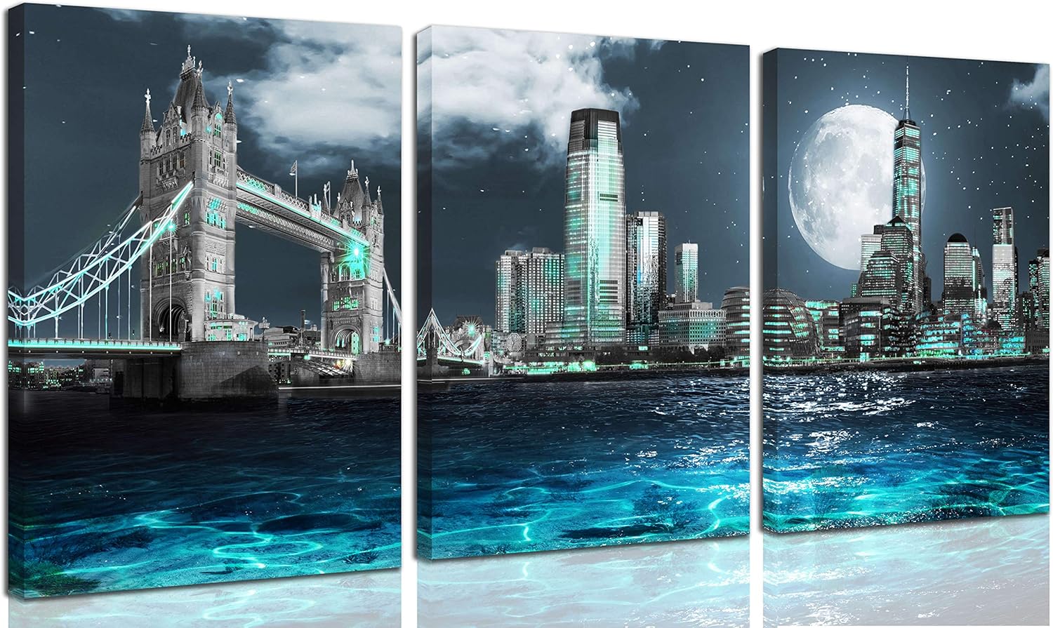 THRLVEART City - Wall-Art for Living Room Teal New York City Wall Decor London City Canvas Wall Art for Bedroom - Home Art Prints with Wood Frame Size 12