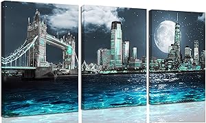 THRLVEART City - Wall-Art for Living Room Teal New York City Wall Decor London City Canvas Wall Art for Bedroom - Home Art Prints with Wood Frame Size 12