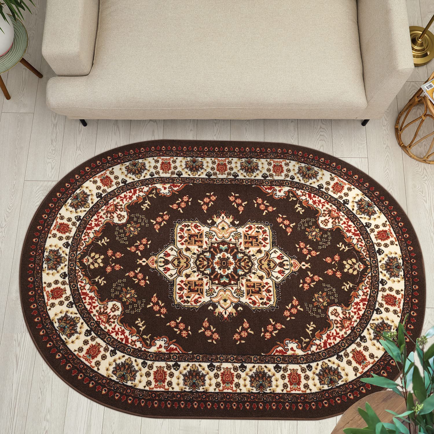 Photo 1 of Antep Rugs Alfombras Oriental Traditional 5x7 Non-Skid (Non-Slip) Low Profile Pile Rubber Backing Indoor Area Rugs (Brown, 5' x 7' Oval)
