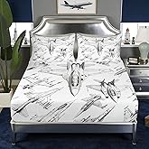 Aircraft Fitted Sheet Full Size,Sketch 3D Airplane Bedding Set 3Pcs for Kids Boys Teens Men Room Decor,Black and White Airplane Print Bed Sheet Flying Games Theme Deep Pocket Sheet,2 Pillowcases