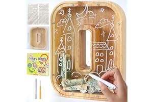 weallbuy Large Letter Piggy Bank for Kids Boys Girls Wooden Personalized Piggy Banks A-Z with Target Area Clear Alphabet Banknote Coin Banks for Gift Decoration Baptism (O)