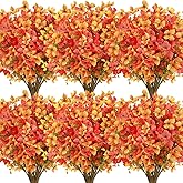 SHareconn 20 Bundles Artificial Fall Flowers Outdoors Decoration, Fake Silk mums Eucalyptus Realistic UV Resistant Faux Plants for Outside Indoor Planter Porch Yard Home Autumn Decor, Orange Yellow