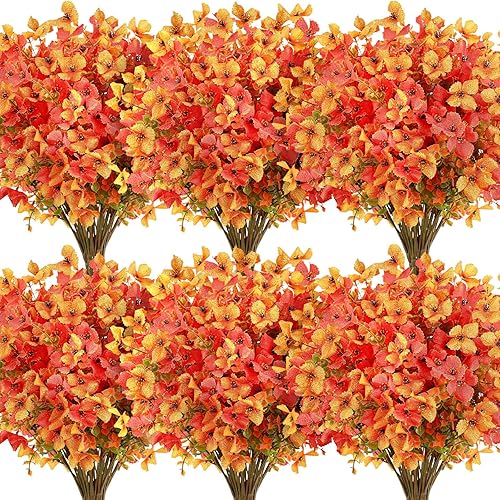 SHareconn 20 PCS Autumn Artificial Flowers - UV Resistant Faux Flowers for Outdoor Indoor Hanging Baskets Garden Yard Porch Home Decor, Realistic Orange Yellow Floral with Eucalyptus Leaves