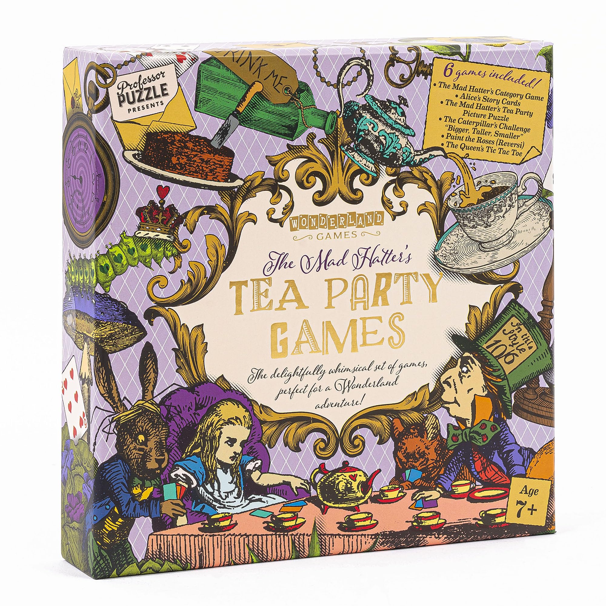 Professor Puzzle The Mad Hatter’s Tea Party Games | 6-in-1 Alice in Wonderland Inspired Game Set | Family Party Games & Literary Trivia | Play Individually or Host a Whimsical Wonderland Tournament