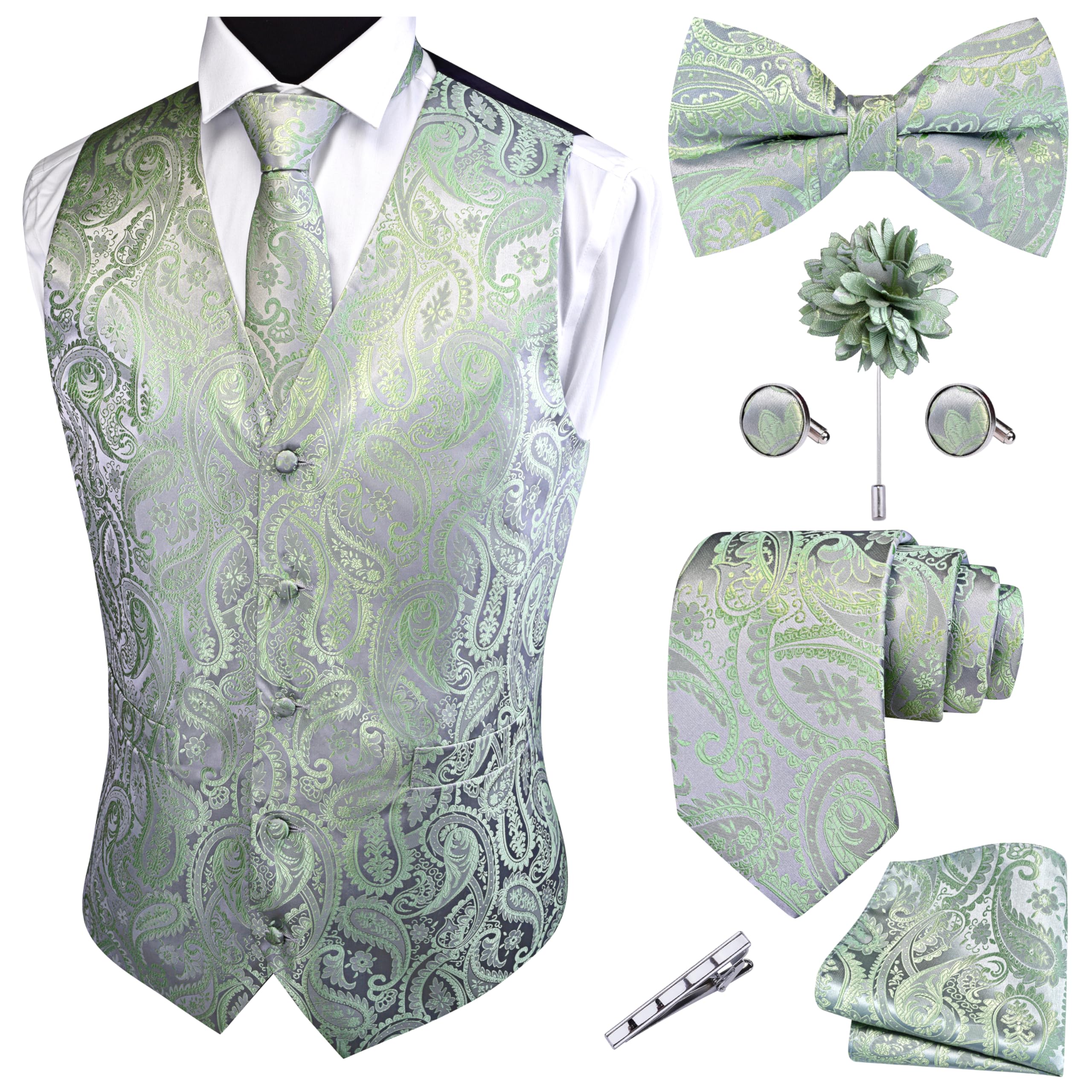 GUSLESON Silver Sage Green Vest Paisley Suit Vest