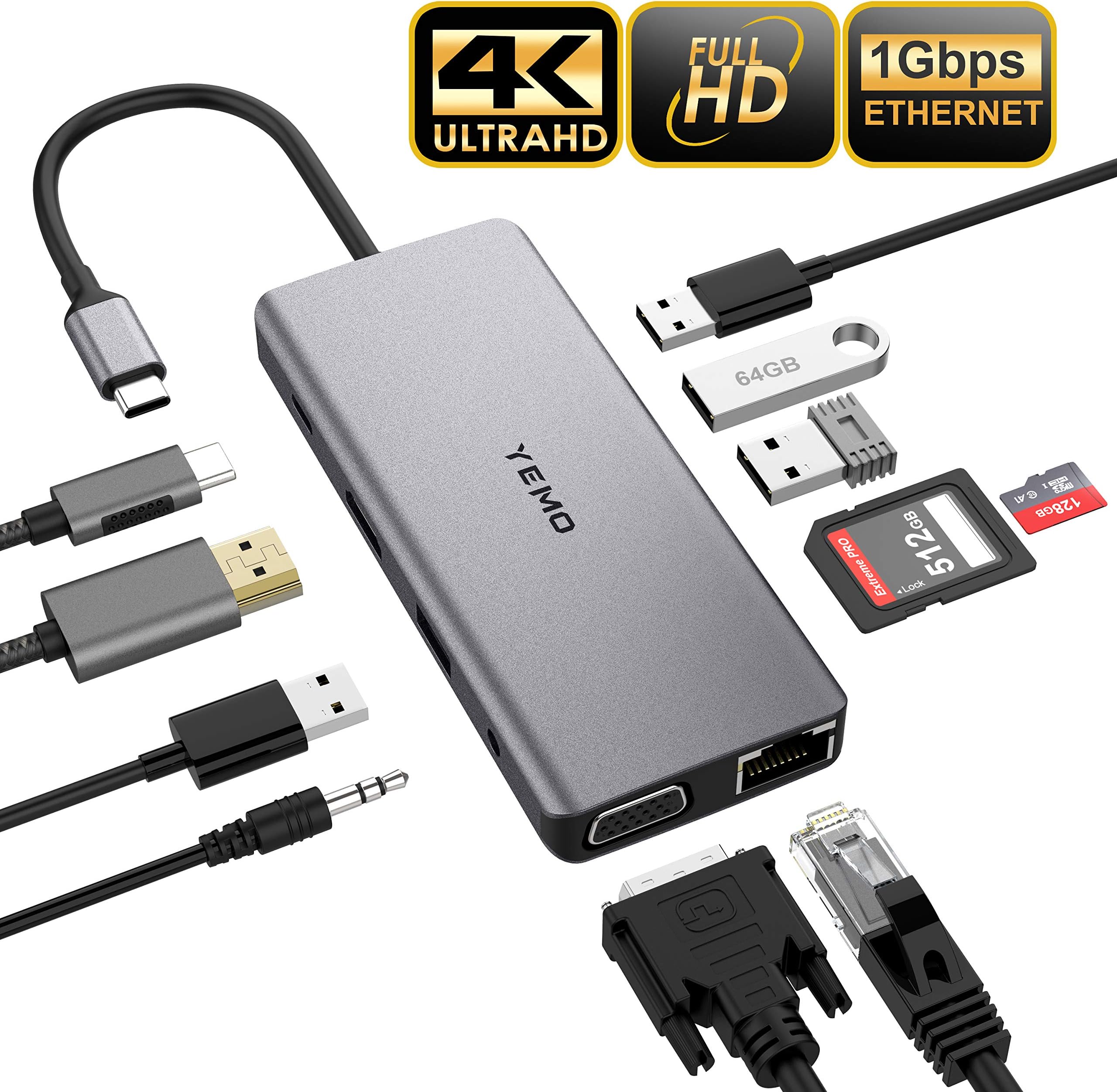 Updated USB C Hub, YEMO 11 in 1 Type C Adapter Dock with Giga Ethernet, 4K USBC to HDMI, VGA, 2 USB3.0 2 USB2.0 PD, SD TF Card Reader, Audio/Mic, for MacBook Pro and Other Type C Laptops