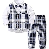 Boys’ Plaid Button Down Polyester Casual Dress Shirt Slim Fit +Vest+Pant Outfits