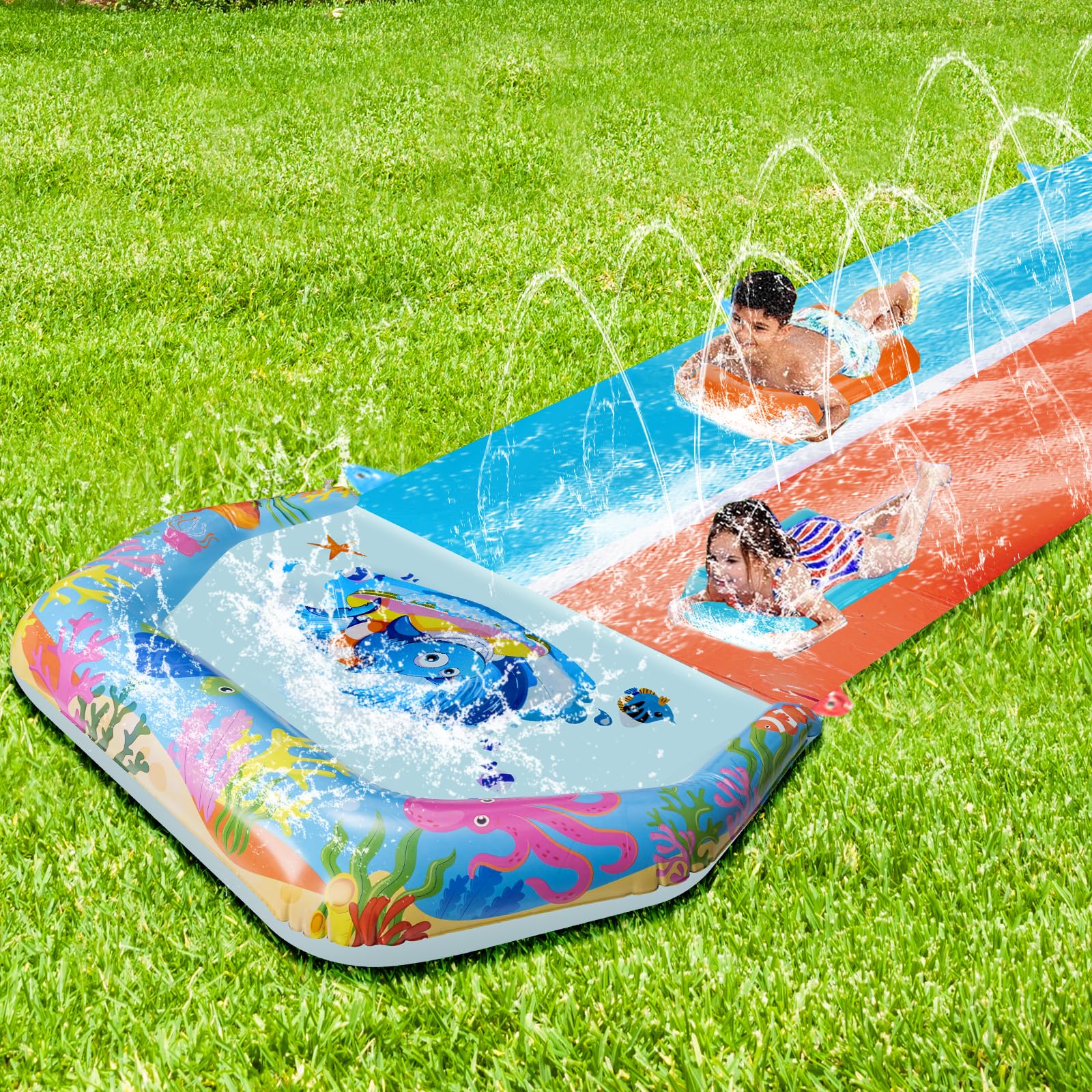 Suonncudst Double Slip and Water Slides for Kids Adults Backyard, Extra Long Lawn Water Slides with 2 Bodyboards, Heavy Duty, Giant Inflatable Water Slip Toys with Crash Pad for Summer Outdoor Party