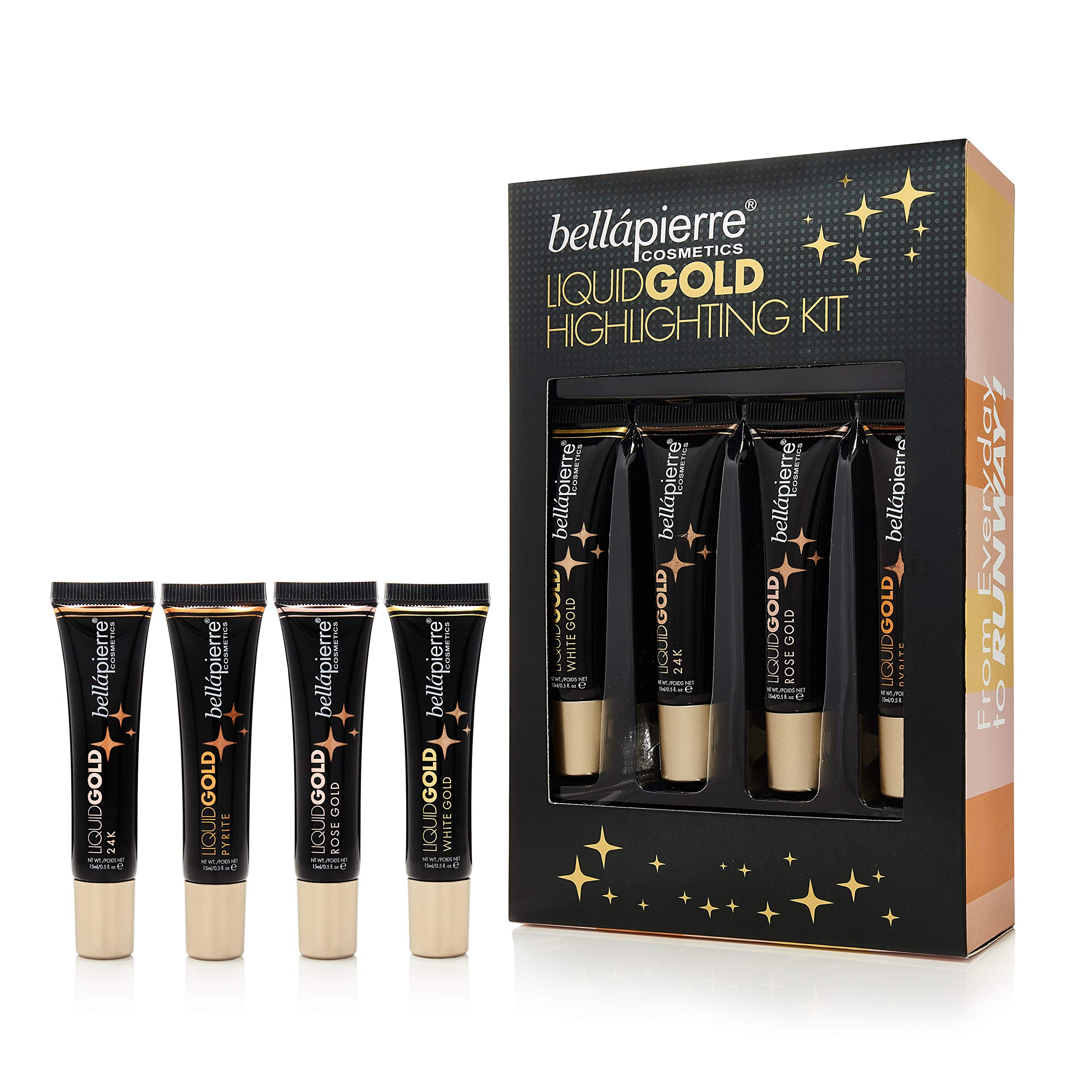 bellapierre Liquid Gold 4 Piece Highlighting Kit - White Gold, 24K, Rose Gold, Pyrite