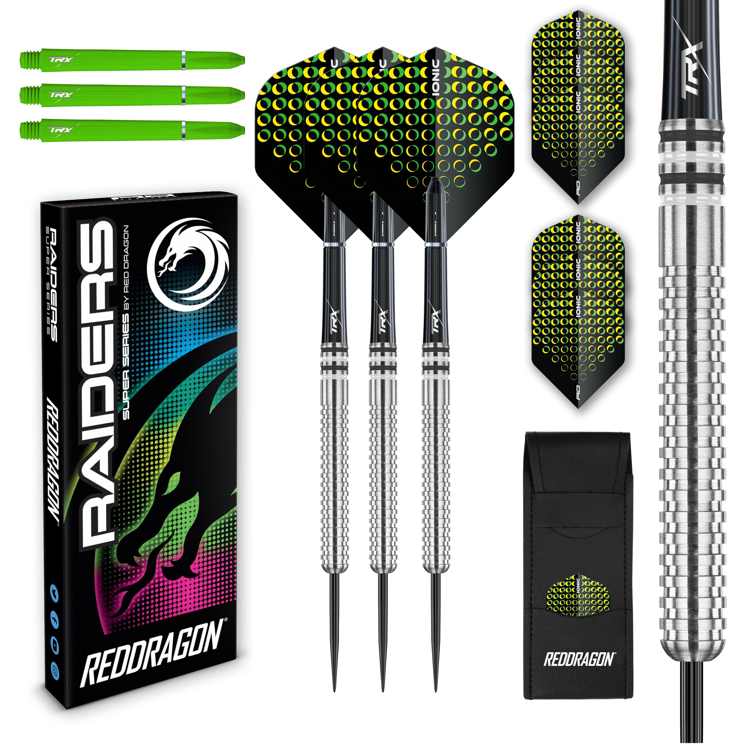 RED DRAGON Raider 1: 23g Steel Tip Tungsten Darts Set - Green Style Set of Professional Darts with Shafts (Stems) and Flights - Choice of Colour Available