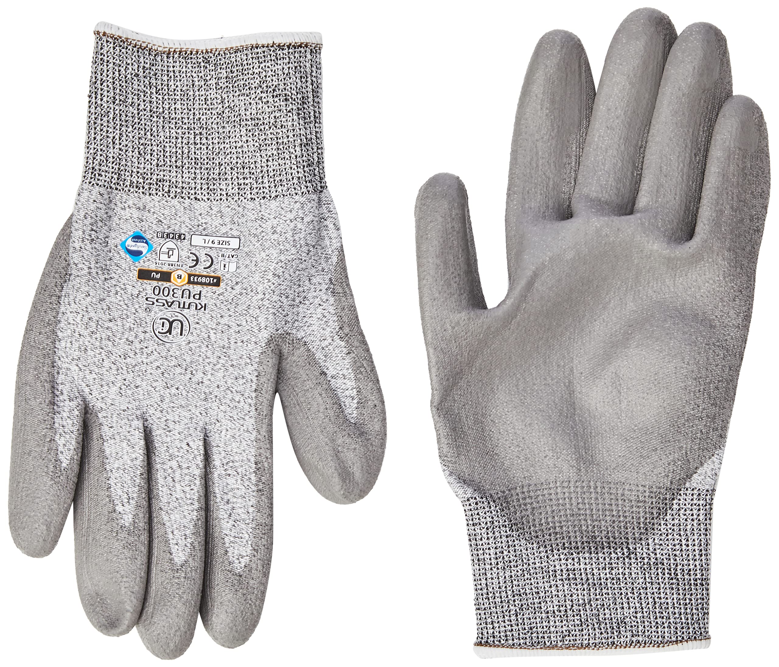 Ultimate Industrial PU300/09 PU300 Kutlass PU Coated Cut Resistant Work Gloves, 1 Pair, Size 9/Large, Grey