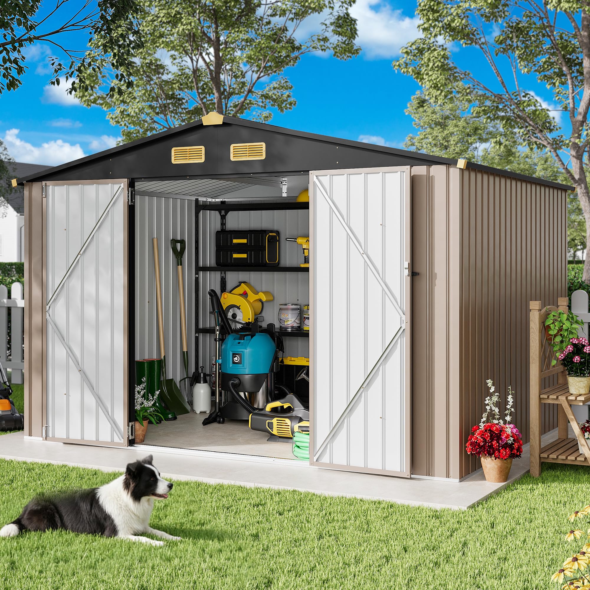 Photo 1 of *PARTIAL SET*
IRONCK 10x8FT Outdoor Storage Shed with Breathable Vent, Galvanized Steel Metal Tool Shed with Lockable Doors for Yard Bins/Generator/Wheelbarrow Garden Storage, Brown