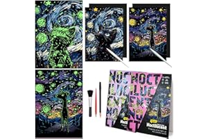 BulChign Scratch Paper Art for Adults - Luminous Scratchboard Art Kit with Tools, 16"x11.2" Rainbow Painting (Black Cat & Luminous Dog)