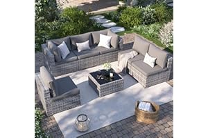 VONZOY Patio Furniture Set, 7-Piece Outdoor Sectional with Waterproof Cover, All-Weather Wicker Patio Conversation Sets for Backyard (Grey with Grey Cushion)
