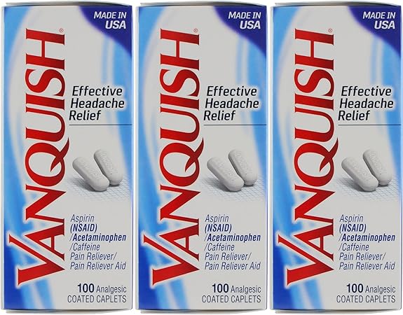 Amazon Com Vanquish Headache Relief Acetaminophen Aspirin Caffeine 100 Caplets Pack Of 3 Health Personal Care