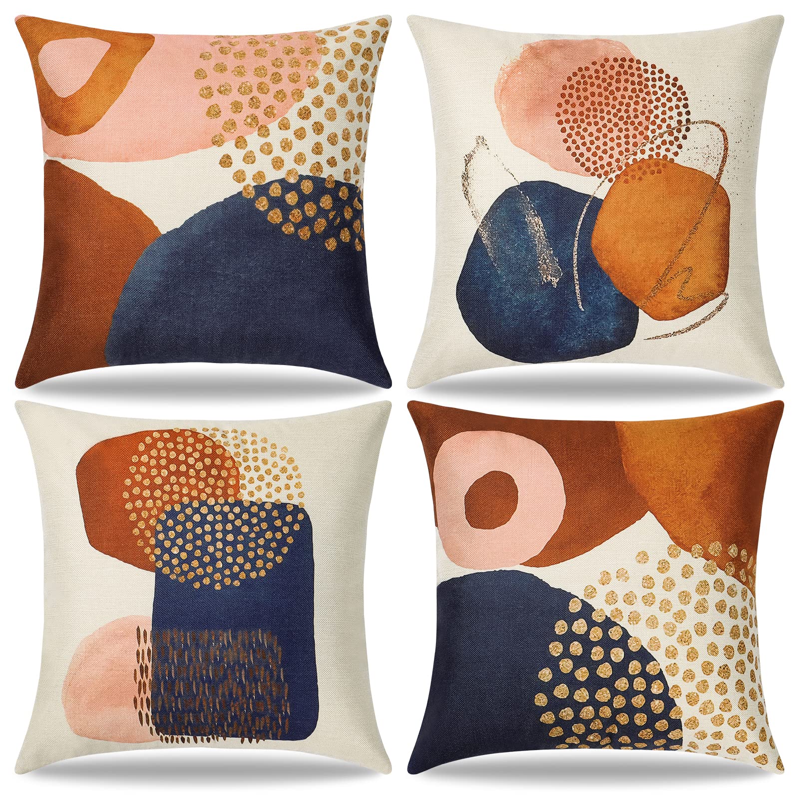 Dremisland Throw Pillow Covers 18x18 Set of 4 Mid Century Modern Decorative Pillowcases Navy Blue Burnt Orange Cushion Covers for Couch Sofa Bedroom Abstract Geometric Home Decor