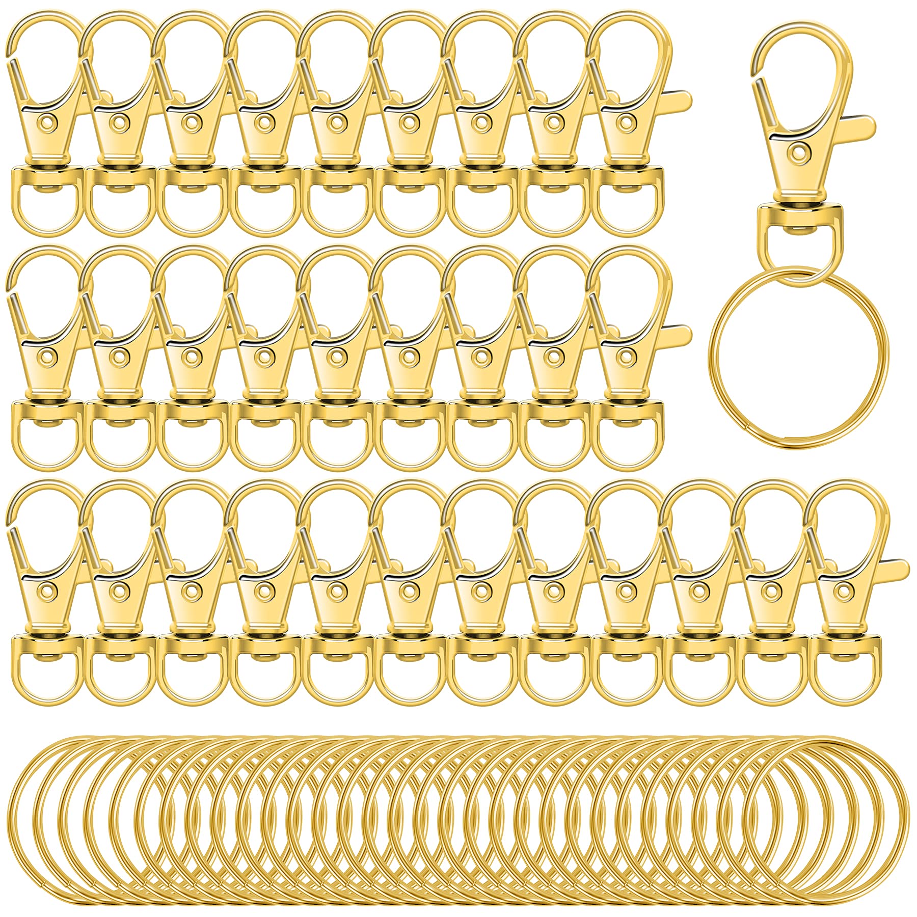 Augshy Pack of 60 key ring clip hook swivel clasps lanyard carabiner hook with split key rings (gold)