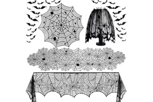 JENFALL 5Pack Halloween Decorations Indoor Halloween Decor Black Lace Table Runner Fireplace Mantel Scarf Round Tablecloth Cobweb Lampshade with 32 Pcs 3D Bat Wall Stickers