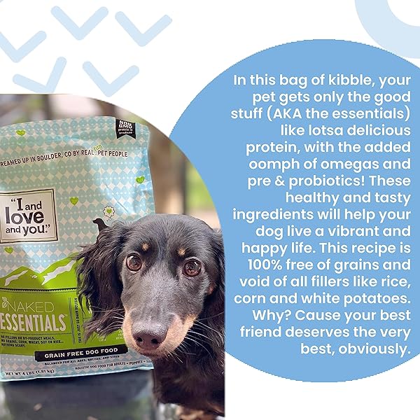 I AND LOVE AND YOU NAKED ESSENTIALS DRY DOG FOOD – CHICKEN + DUCK – HIGH PROTEIN, REAL MEAT, NO FILLERS, PREBIOTICS + PROBIOTICS, 11LB BAG