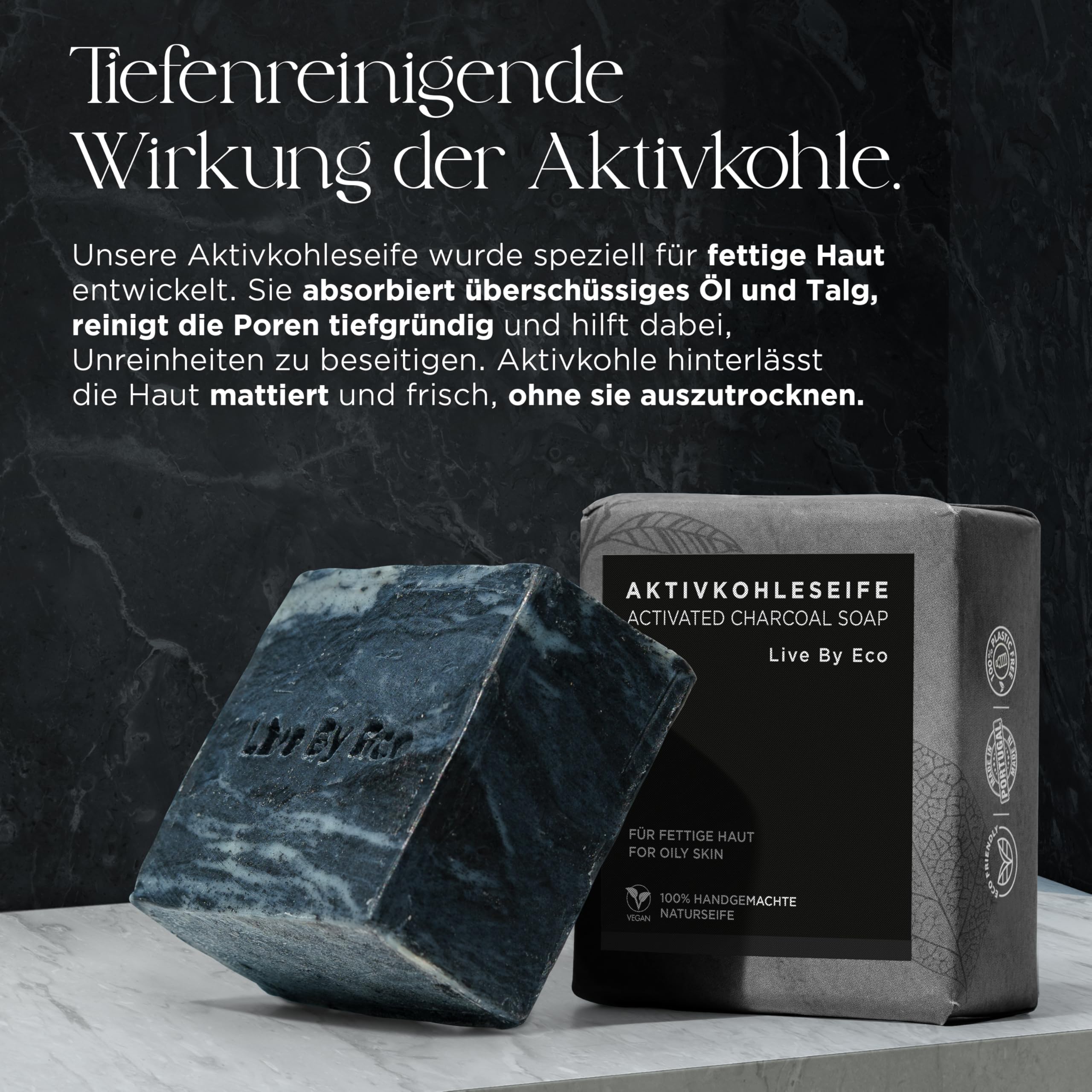 Live By Eco Schwarze Seife - Aktivkohle Seife gegen fettige Haut - Kohlen Seife als Porenreiniger - entgiftende feste Seife - Black Bar Soap handgemachte Naturseife - Gesichtsreinigung vegan - 100g 2