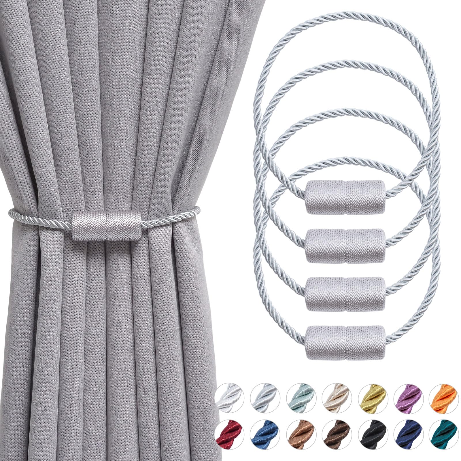 Pretty Jolly 4 Pack Magnetic Curtain Tiebacks 16 Inch Handmade Weave Side Rope Curtain Holdbacks Convenient Decorative Cylinder Curtain Drape Tie Backs for Home & Office Window Drapery (Grey)