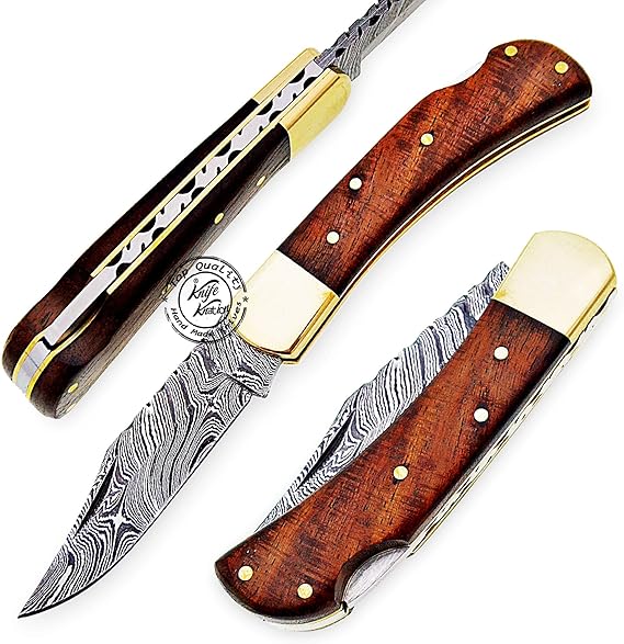 Beautiful Rose Wood Handmade Damascus Steel Folding Pocket