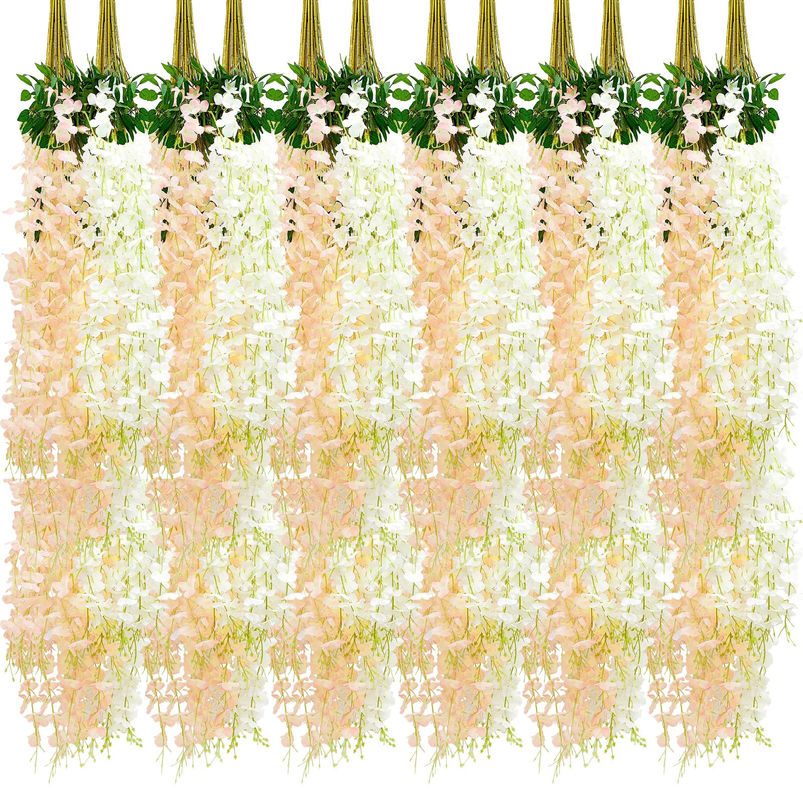Photo 1 of Giegxin 36 Pcs Artificial Wisteria Hanging Flowers 3.6 ft Artificial Fake Wisteria Vine Rattan Hanging Garland Silk Flowers String for Wall Home Wedding Party Greenery Decorations (Champagne,White)