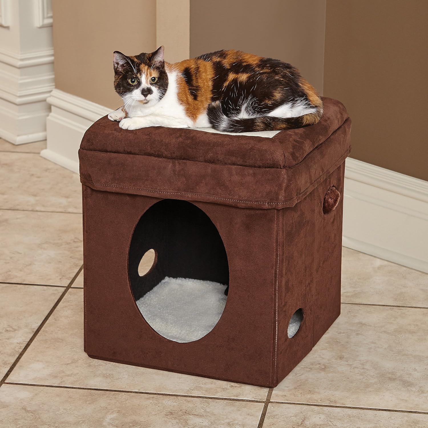 MidWest 137-BR "The Original" Curious Cat Cube, Cat House / Cat Condo in Brown Faux Suede & Synthetic Sheepskin : Pet Furniture : Pet Supplies