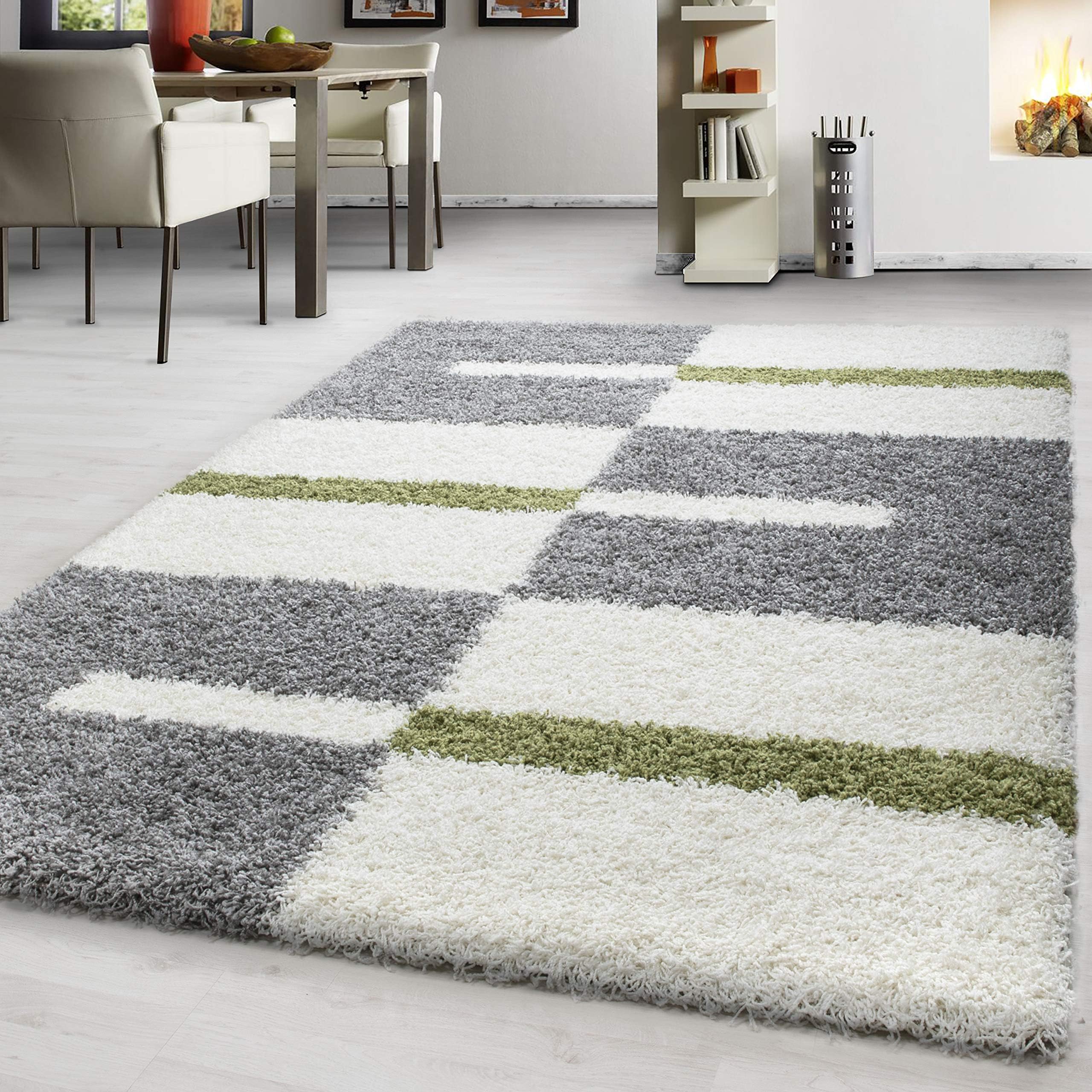Modern designer shaggy rugs striped and checkered motifs, 2505, Polypropylene, Green, 240x340 cm