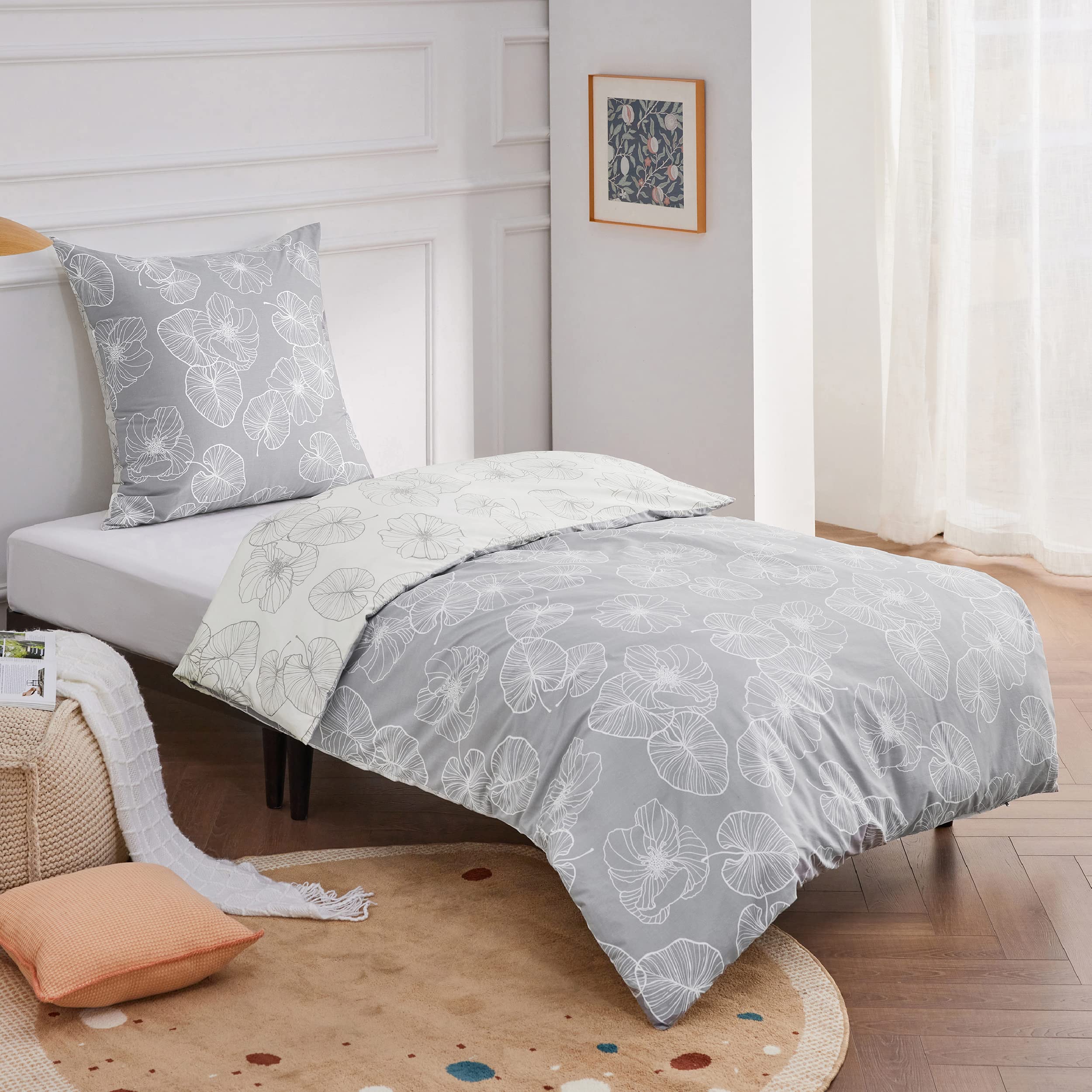 BEDSURE Bettwäsche 135x200 Baumwolle Bettbezug - Bettwäsche-Sets 135 x 200 cm 2teilig Grau mit Kissenbezug 80x80 cm, ÖKO-TEX Wendebettwäsche Bedding mit Reißverschluss Ginkgo Muster 7
