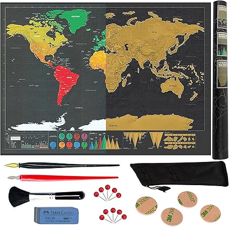 Telluat Carte Du Monde à Gratter Xxl Noir Et Or Scratch Map Détaillée Grand Format Deluxe Dorée Cadeau Idéal Pour Voyageurs Livrée Avec Grattoirs