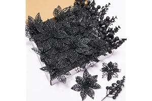Zhuqing 22Pcs Christmas Poinsettia Artificial Flowers and Glitter Berries Stems Kit, 16Pcs Christmas Tree Flowers Ornaments and 6 Pack Christmas Tree Picks for Wedding Holiday Decorations (Black)