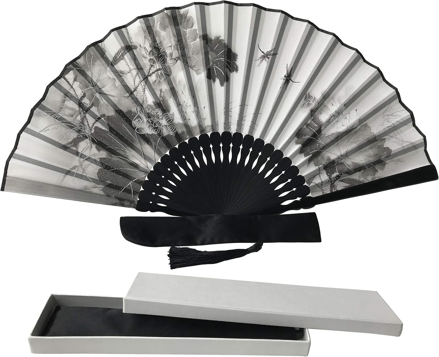 FANSOF.FANS Ink Art Handheld Folding Fan with a Handcrafted Box Fabric Pouch for Women Girls Black and White with Silver Touch Up Durable Folding Fabric Hand Fan (Dragonflies) - Image 5