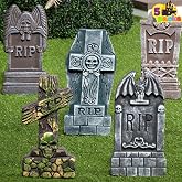 JOYIN 17&rdquo; Halloween Foam RIP Graveyard Tombstones (5 Pack), Halloween Tombstones Outdoor Decorations for Graves Decorations with 12 Metal Stakes for Cemetery Yard Lawn Party Decor
