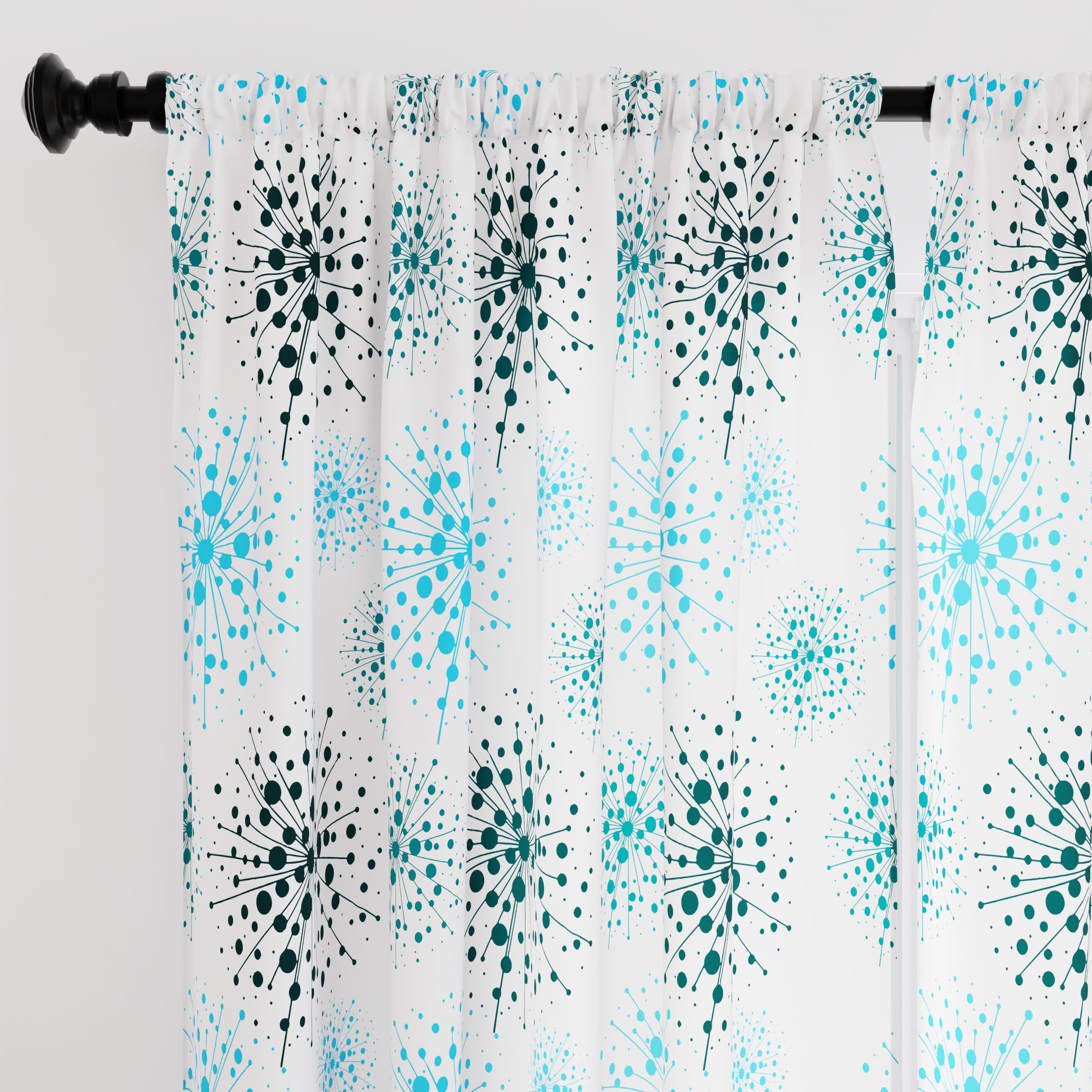 Encasa XO Semi-Sheer 55x72 in Drop Long Rod Pocket Curtains, Blowball, Light Filtering Polyester Curtain with Tie Back for Bedroom Living Room, Botanical Floral Pattern Drapes, 2 Panels