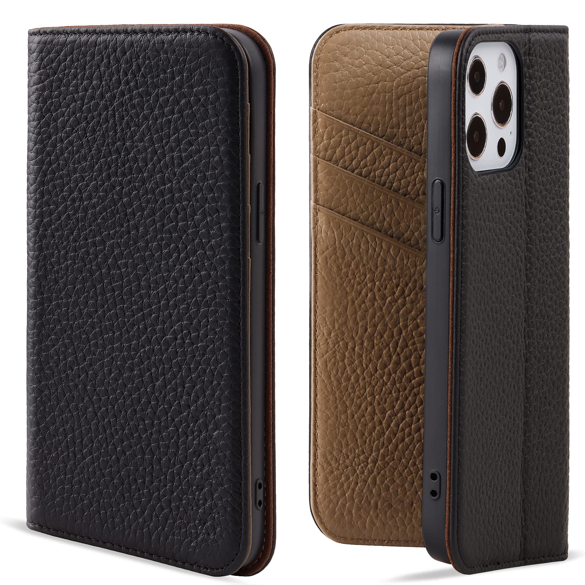 VISOUL Wallet Case Compatible for iPhone 13 Pro 6.1" 2021 Genuine Leather Folio Case, RFID Blocking, Magnetic, 3 Credit Card Slots, Kickstand, Shock Absorbing-Coffee