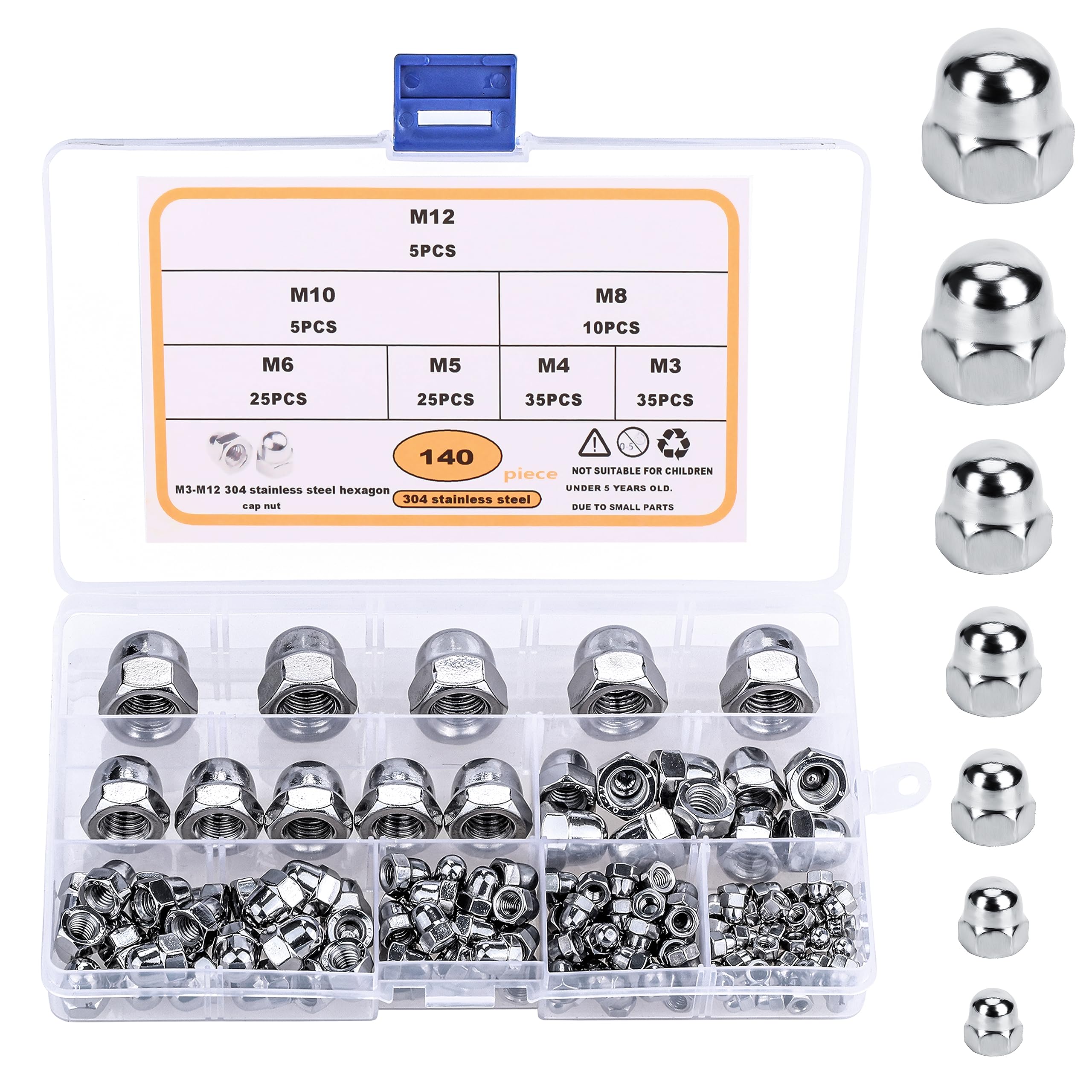 Belle Vous 140 Pack Stainless Steel Acorn Dome Cap Hex Nuts - M3, M4, M5, M6, M8, M10 & M12 - Acorn Dome Head Nut Assortment Kit with Storage Case for Protection, Indoor & Outdoor Use