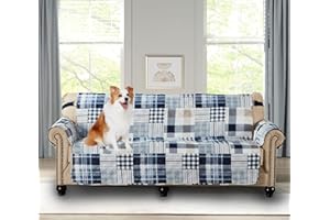 Brilliant Sunshine Plaids and Stripes Couch Slip Cover, Patchwork Design, Quilted Slipcover with 2" Strap, 70" Seat, Slip Resistant Cushion Protector, Washable Sofa Covers for Dogs, Cats, Kids, Blue