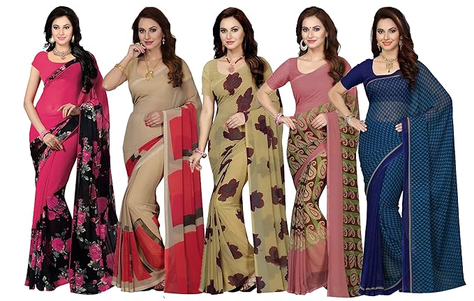 Faux Georgette Multicolor Printed Womens Saree - Combo of 5