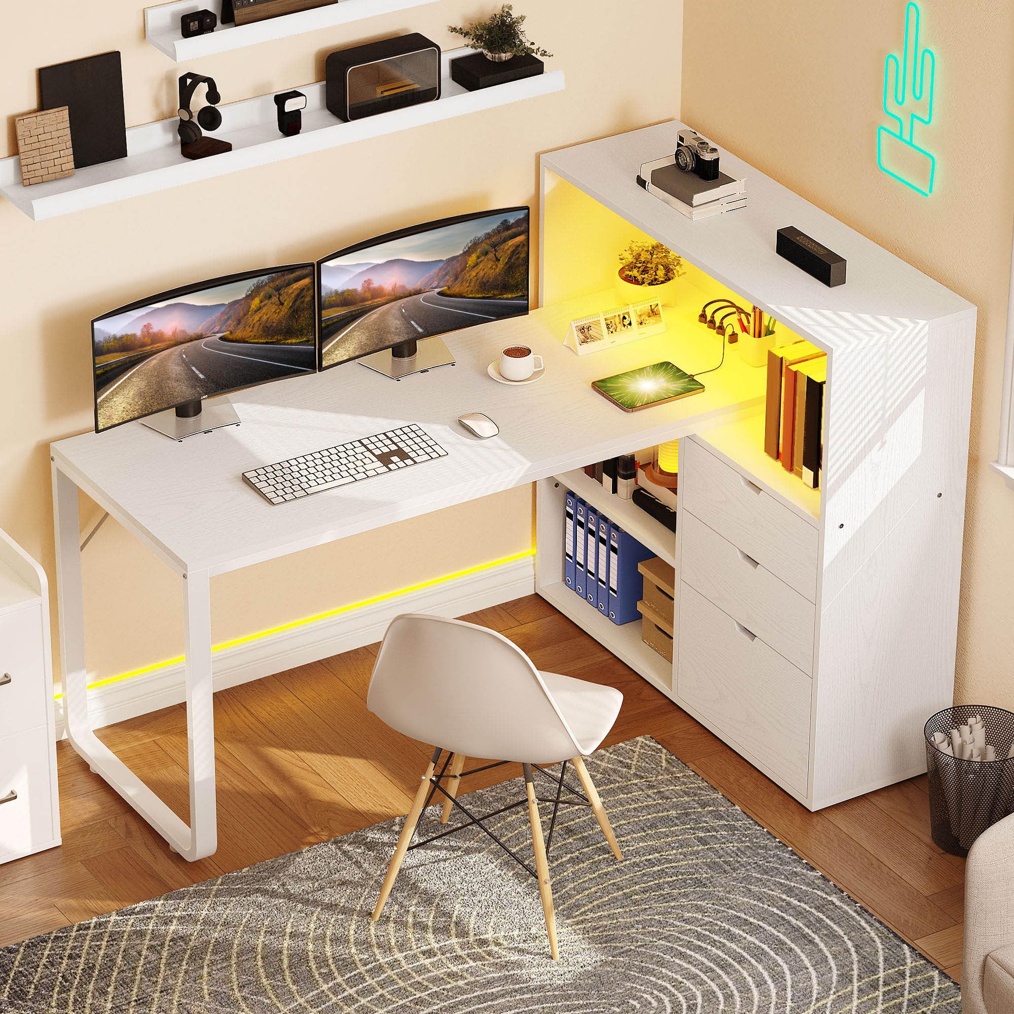 Photo 1 of YITAHOME L Shaped Desk with Power Outlets, 55" Computer Desk with Drawers & Bookshelf, Home Office Desk with LED Lights, Corner Desk with File Cabinet, White