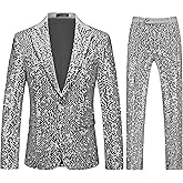 MOGU Men's Sequins Suit 2 Piece Shiny Dress Suit Sparkly Gold Silver Stylish Tuxedo Set for Party Wedding Dinner