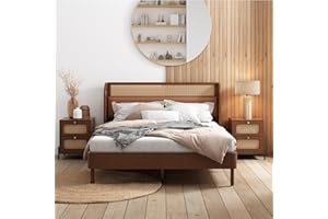 JIVOIT 3 Pieces Bedroom Set, Modern Cannage Rattan Wood Platform Queen Bed, Two 2-Drawer Nightstand with Metal Legs, Low Profile Queen Platform Frame for Bedroom (Walnut 39)