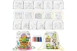 Conagel 16 Pcs Colorable Drawstring Backpack with 12 Watercolor Pens Coloring Goodie Bags Return Gift Bag for Birthday Weddin